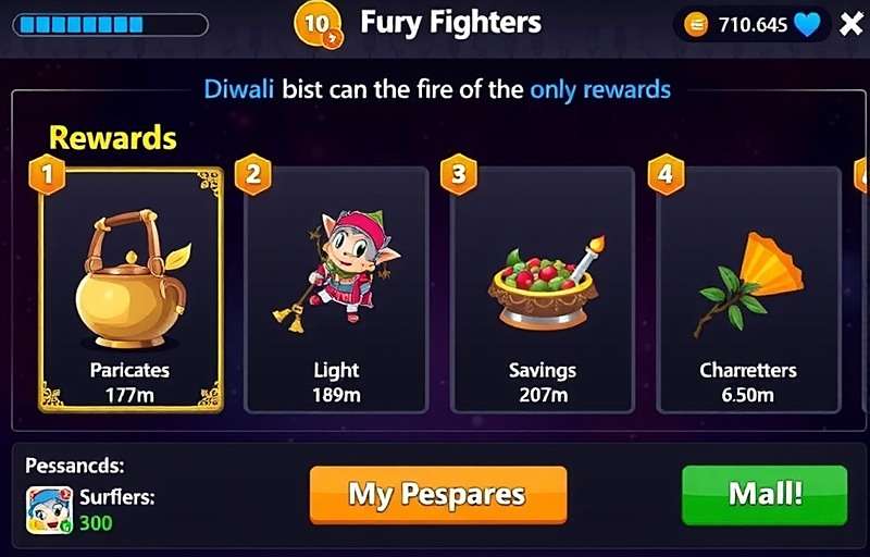 Fury Fighters Diwali event rewards screen showing exclusive items and characters