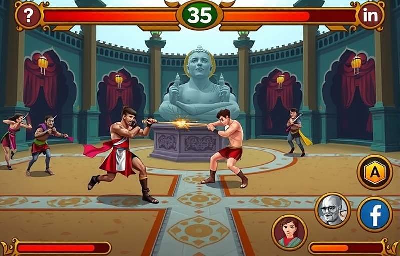 Fury Fighters gameplay showing two Indian fighters battling in a traditional arena