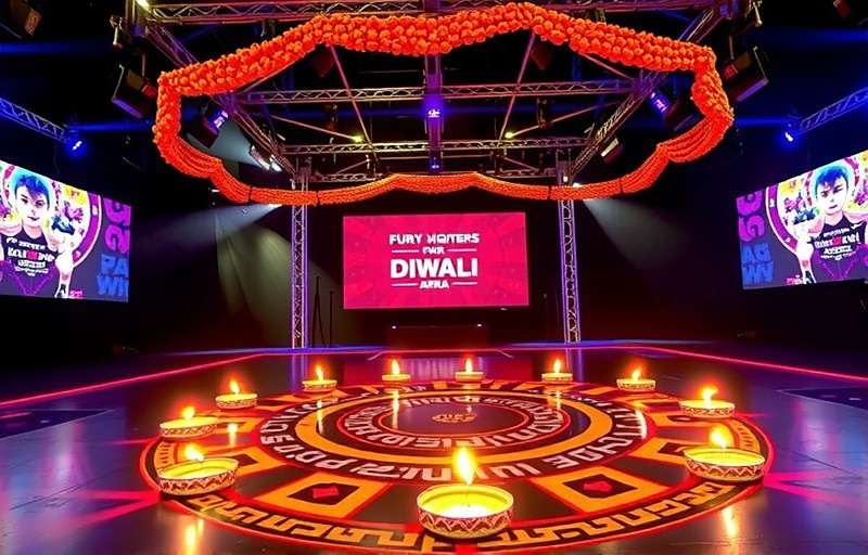 Fury Fighters Diwali special event showing arena decorated with diyas and rangoli